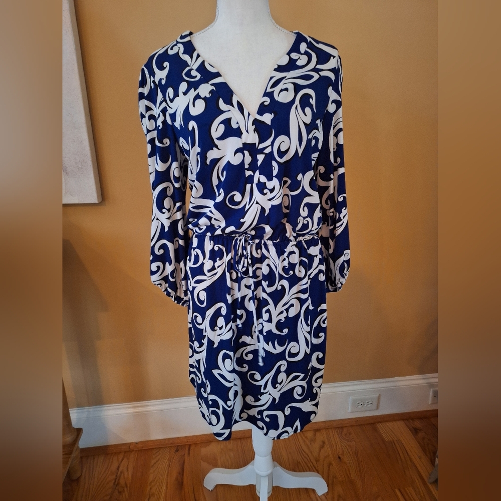 Bisou Bisou Blue White Stretch Knit V Neck Dress Sz 10